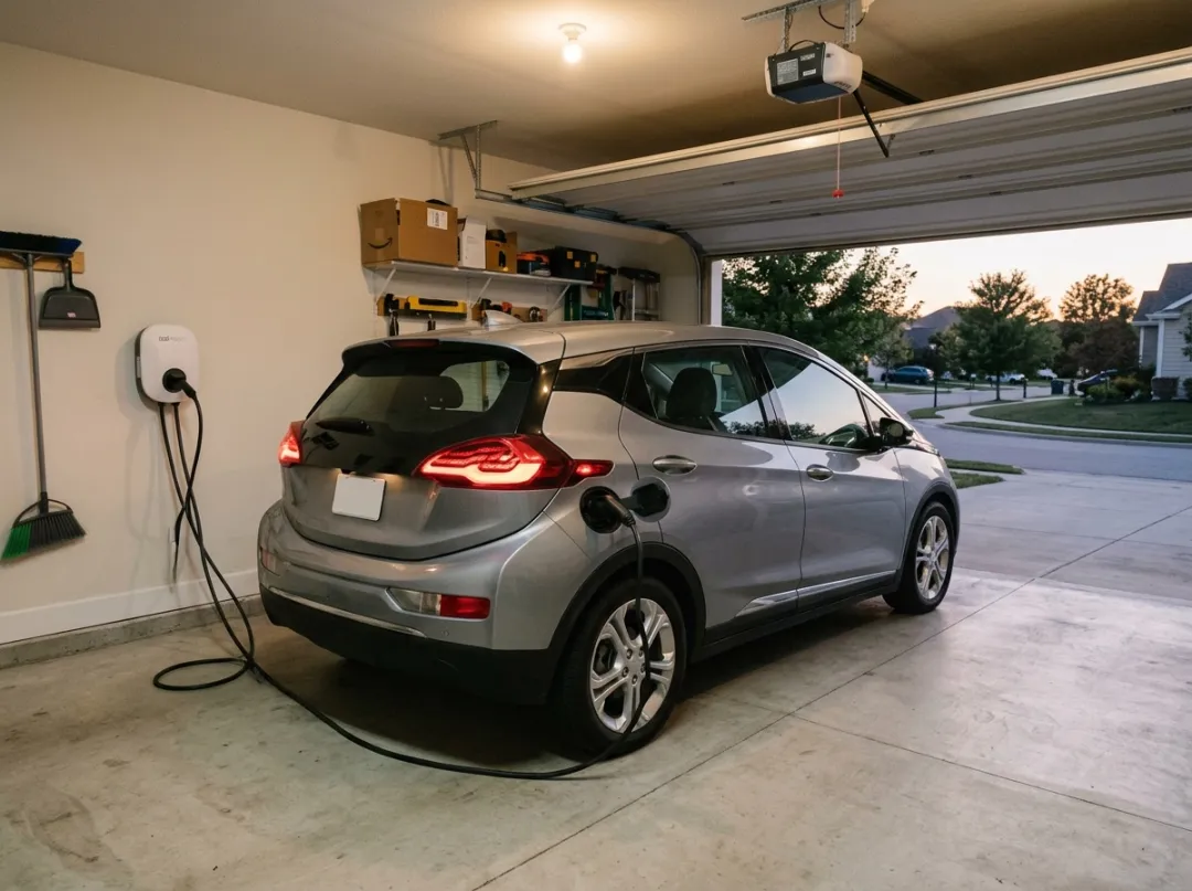 An electric hatchback charging from a wall charger in a home garage.
