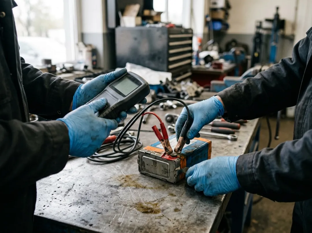 A battery tester clipped to a single lithium ion module.