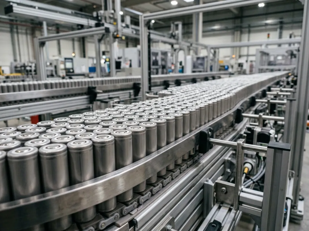 Rows of cylindrical lithium ion cells on a factory line.