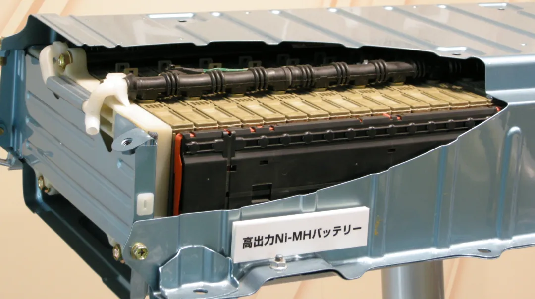A cutaway of a second generation Toyota Prius nickel metal hydride battery pack showing the stacked modules and wiring harness.
