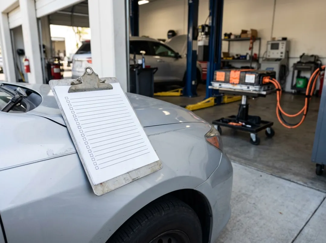 A blank inspection checklist on a car fender in a service bay.